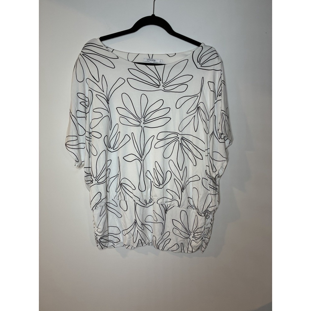 Chico's Shirt Blouse Tunic Pullover Round Neck XL White Elastic Hem botanical